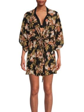 Time and Tru Black and Floral Tie-Waist Beach Cover-Up